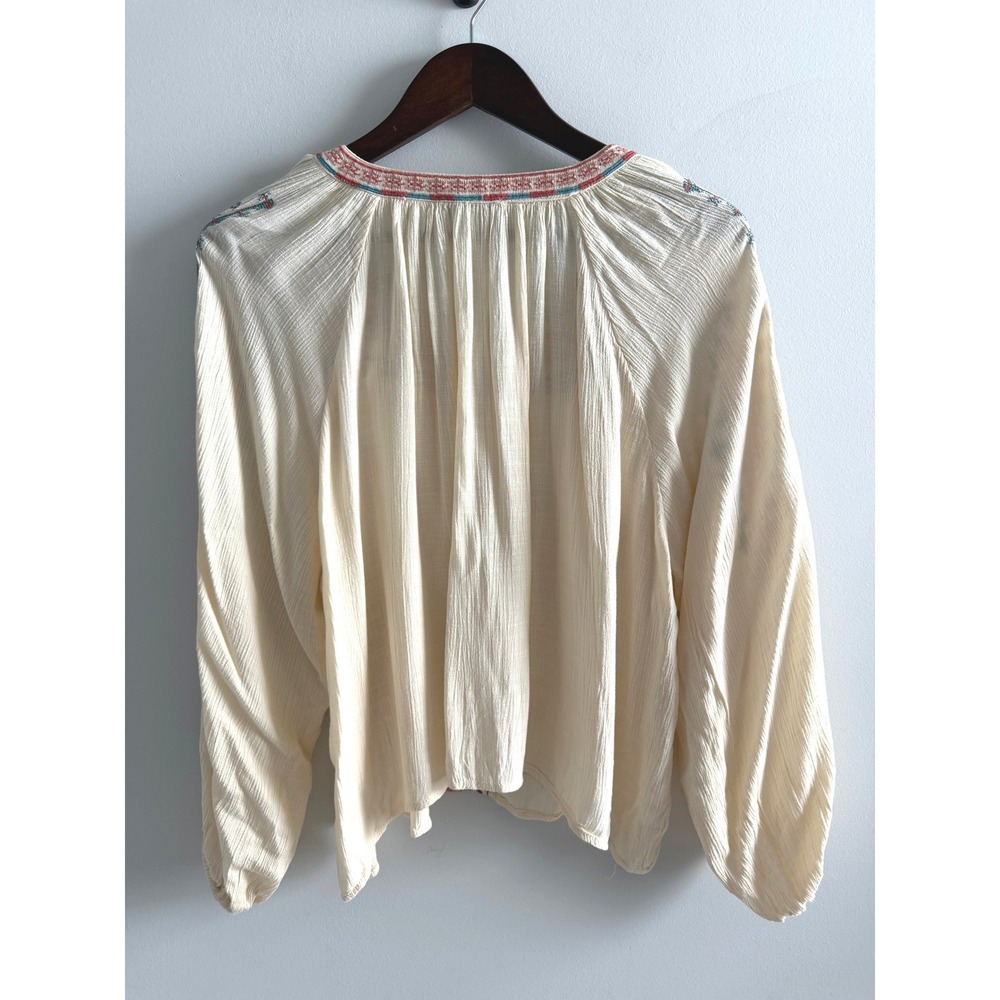 American Eagle Embroidered Large Peasant Blouse Boho Tassel Balloon Sleeve Top - Picture 2 of 12